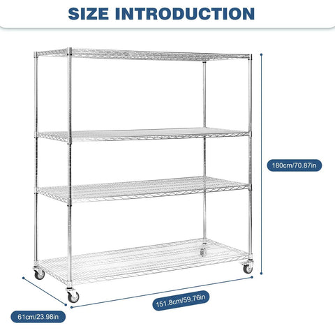 Heavy Duty 5-Tier Wire Storage Rack On Wheels, Tool-Free Assembly, Each Shelf Supports 250 Kg, dimensions 70.9 x 59.8 x 24 inches
