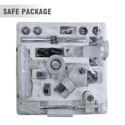 Pro Grade Trinocular Stereo Zoom Microscope With Three Point Five To Ninety Times Magnification Ten Times Widefield Eyepieces Zoom Objective Seven Tenths To Four Point Five Times With Point Five And Two Point Zero X Auxiliary Lenses Double Arm Boom Stand safe package in foam tray