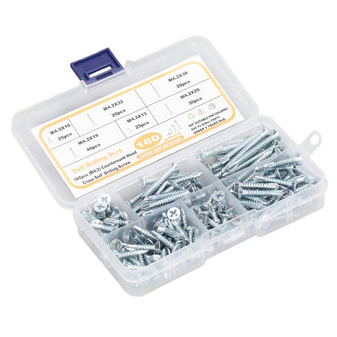 Self Drilling Screws Kit 160 Pcs Carbon Steel Blue Zinc Plated Countersunk Cross Head Fasteners M4.2 For Wood Heavy Duty Rust Resistant Ultra Sharp Threads Deep Thread Design Easy Grip Quick Install in plastic organizer