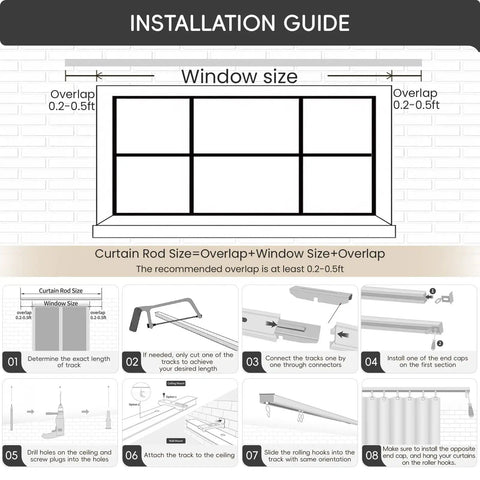 Durable Aluminum Ceiling Curtain Track With Roller Hooks White 9Ft To 12Ft Easy No Fuss Install Smooth Glide For Drapes And Sheer Curtains Rust Resistant And High Quality installation guide showing overlap and ceiling mount steps