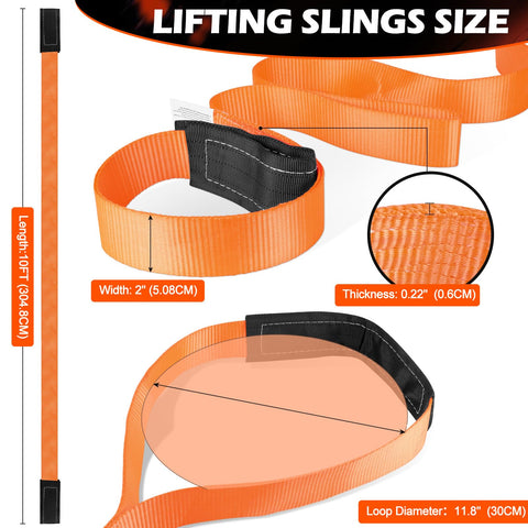 Heavy Duty Lifting Straps 10 Foot By 2 Inch Webbing Slings 15000 LBS Capacity Two Pack Rigging Straps For Trailer Hoist Truck RV Boat Construction And Recovery, showing dimensions of thick orange straps with twisted eyes
