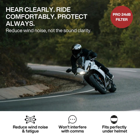Motorcyclist on a curved road with text promoting Moto Pro Motorcycle Ear Plugs For Wind Noise Reduction With High Fidelity Filter.