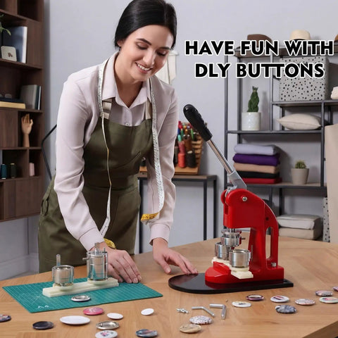 Person using All In One Button Maker Kit With 25mm 32mm And 58mm Molds Interchangeable Press 300 Button Fittings Circle Cutter And Cutting Mat