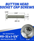 Badass 18-8 Stainless Steel Button Head Socket Cap Screws 10-32 X 1-1/4 Inch 50 Pack with measurements and drive details.