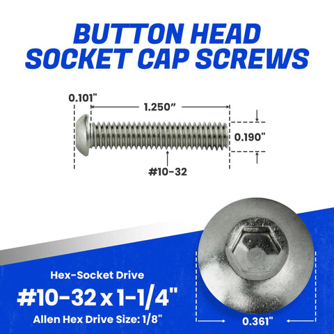 Badass 18-8 Stainless Steel Button Head Socket Cap Screws 10-32 X 1-1/4 Inch 50 Pack with measurements and drive details.