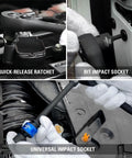 Pro Grade 153-Piece Impact Socket Set For 1/4 Inch, 3/8 Inch, And 1/2 Inch Drives, showing quick-release ratchet and sockets.