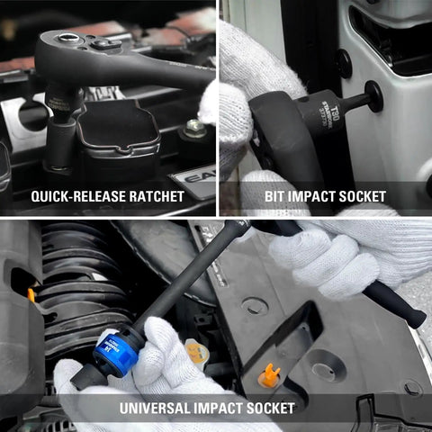 Pro Grade 153-Piece Impact Socket Set For 1/4 Inch, 3/8 Inch, And 1/2 Inch Drives, showing quick-release ratchet and sockets.