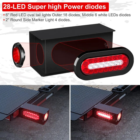 Two Pack Heavy Duty Trailer Light Steel Boxes Kit With Six Inch Oval Red And White LED Tail Lights And Two Inch Round Red LED Side Lights Grommets And Wire Connectors Included For Rugged Hauling displayed on trailer