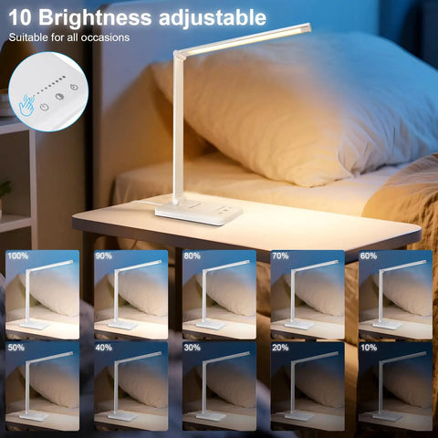Dimmable LED Desk Lamp with USB Port on a bedside table, displaying 10 brightness levels and smart touch control in use.