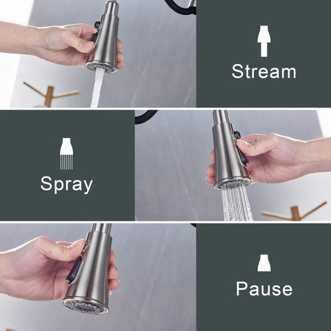 DEOLER Kitchen Faucets with Glass Rinser Single Handle High Arc Kitchen Sink Faucet with Pull Out Sprayer, 1 or 3 Hole, 360° Swivel, Brushed Nickel showing spray, stream, and pause settings.