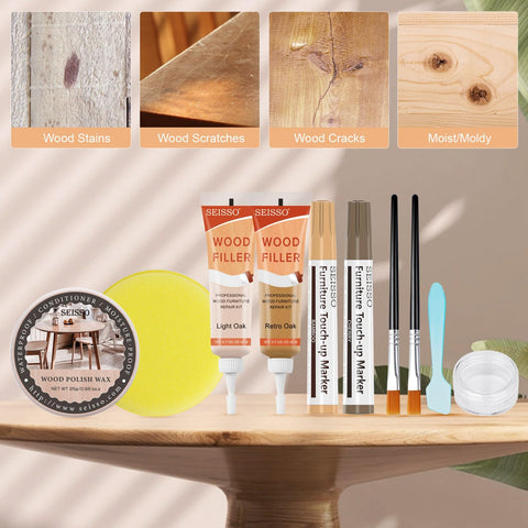All In One Wood Repair Kit With 6 Oak Color Fillers, 6 Touch Up Markers, Wood Polish Wax, Scraper, Brushes And Sponge Displayed