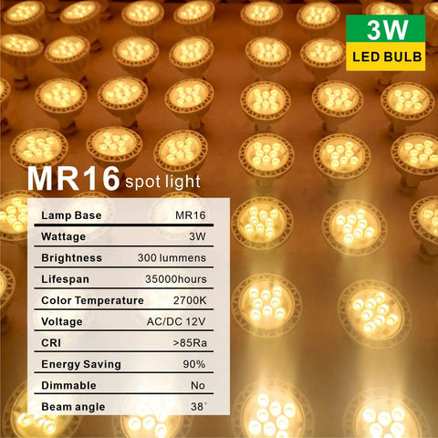 Built Tough MR16 LED Spotlight Bulbs GU53 Base 12V 3 Watt 35 Watt Equivalent 2700K Warm White 300 Lumens CRI 85 Tight Beam Angle Non Dimmable Heavy Duty Accent Lights For Outdoor Landscape Recessed Trim, multiple bulbs displayed.