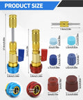 Product size of R134A Valve Core Removal And Installation Tool Kit with red and blue connectors and brass quarter-turn valve.
