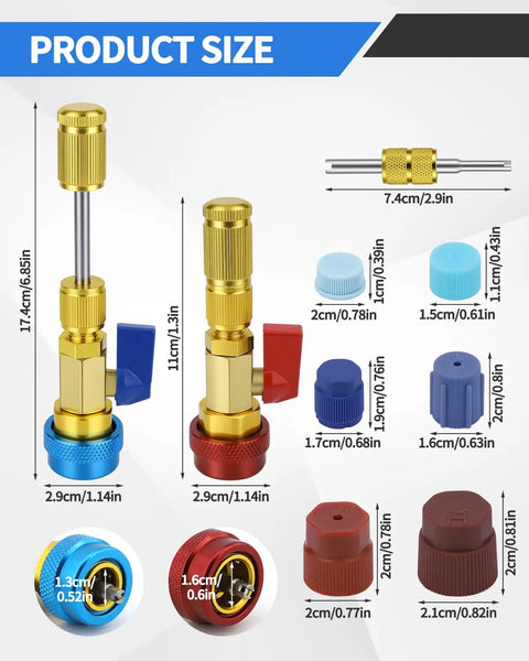 Product size of R134A Valve Core Removal And Installation Tool Kit with red and blue connectors and brass quarter-turn valve.