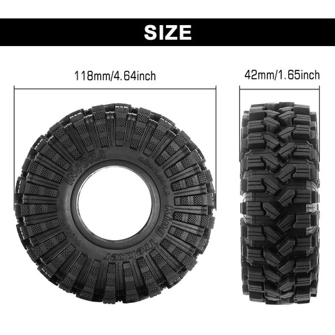 King Trekker 1.9 Inch S5 All Terrain Tires For One Tenth Scale Crawlers 118x42mm Ultra Grip Premium Soft Compound side and front view