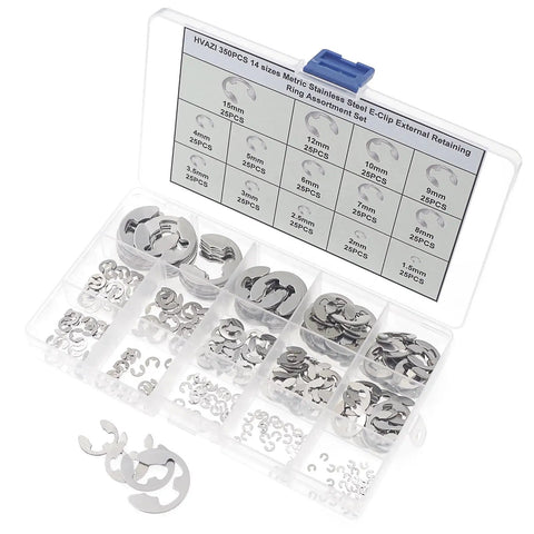 Stainless Steel External Retaining Ring E Clip Assortment Kit, 14 Sizes, 350 Pieces, Metric Circlips Set in plastic case