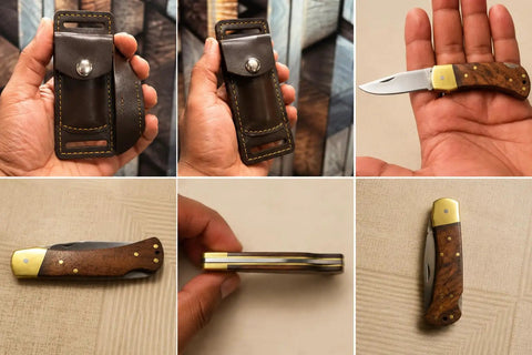 Handmade Folding Pocket Knife With Rosewood Handle And Brass Bolsters, Lockback EDC, 2.2 Inch Blade, Leather Sheath, 3 Inch Closed