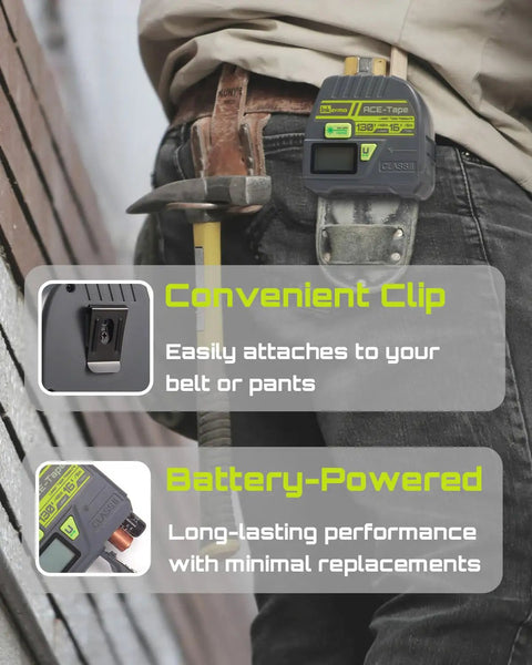 Two In One Laser Tape Measure With 130Ft Laser Range And 16Ft Tape, Digital Laser Meter With M In Ft Ft In Units, LCD Display, Self Locking Tape, Belt Clip For Quick, Accurate DIY And Professional Jobs, clipped to a work belt