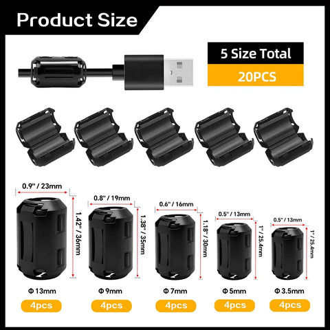 Image showing Set Of 20 Ferrite Bead Clip On Cores RFI EMI Filter Noise Suppressor Ring For Cable Clips Fits 3mm 5mm 7mm 9mm 13mm ID Black