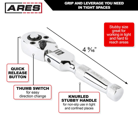 3/8-Inch Flex Head Ratchet With 72-Tooth Quick Release, Reversible, 5-Degree Swing, showing stubby handle design and quick release button