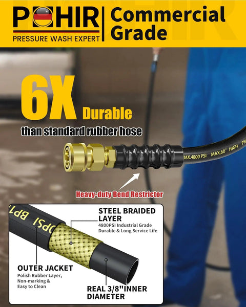 Heavy Duty Three Eighths Inch Pressure Washer Hose 50 Feet 4800 PSI Steel Wire Braided With Swivel Quick Connect No Kink