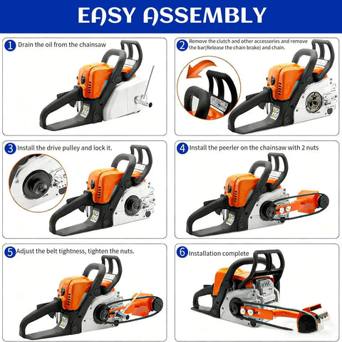 Easy assembly steps for Log Peeler And Debarker Attachment For Chainsaws fits Husqvarna and STIHL models in detailed images