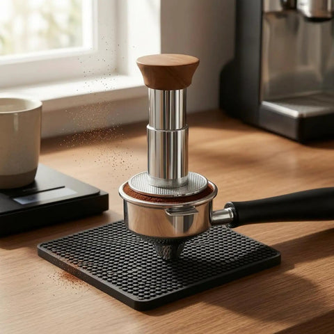 Straight Up 58mm Espresso Tamper For Dead On Pulls Daily Brushed Stainless Steel Coffee Press with wood grip, on a coffee mat.