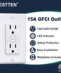 Ultra Slim GFCI Outlet 15 Amp With LED Indicator And Ground Fault Protection No Brainer GFCI Receptacle Non Tamper Resistant Wall Plate Included ETL Certified White 10 Pack displayed with features text