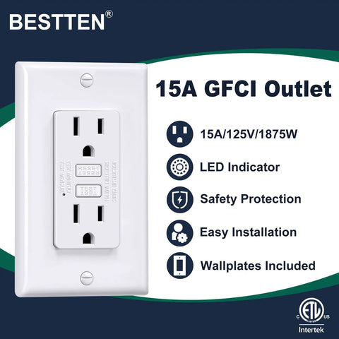 Ultra Slim GFCI Outlet 15 Amp With LED Indicator And Ground Fault Protection No Brainer GFCI Receptacle Non Tamper Resistant Wall Plate Included ETL Certified White 10 Pack displayed with features text