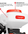 4 Gallon Backpack Battery Powered Broadcast Fertilizer Spreader showing large 4-gallon tank with wide mouth lid for easy filling.