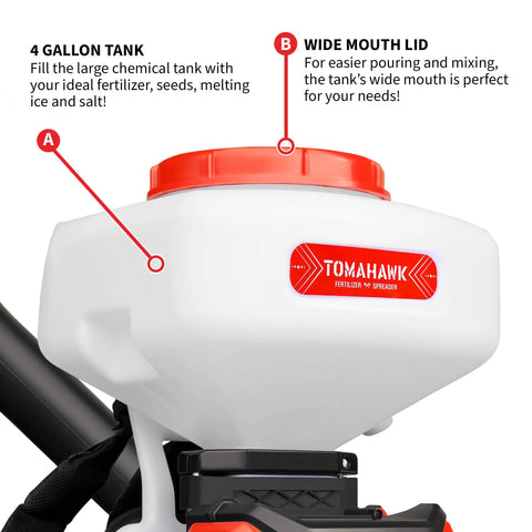 4 Gallon Backpack Battery Powered Broadcast Fertilizer Spreader showing large 4-gallon tank with wide mouth lid for easy filling.