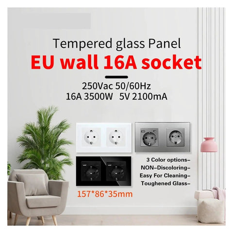 Built Tough Dual Schuko Wall Socket Slick Tempered Glass Panel No Fuss Child Proof Shield 16 Amp 3500 Watt Heavy Duty Power Outlet with EU design.
