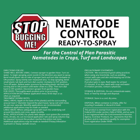 Lawn And Garden Nematode Pest Control Liquid Concentrate With Hose Sprayer, ready-to-spray label, instructions visible.