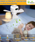 Child sleeping under Portable 11 Inch Battery Operated Ceiling Fan With Lights For Camping And RV Life, showing ultra-quiet operation.
