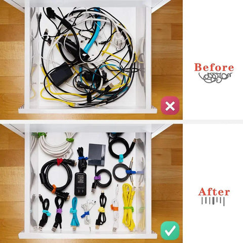 Before and after organizing cables with Reusable Silicone Magnetic Cable Ties 7.48 Inch Magnetic Twist Ties For Bundling Cords
