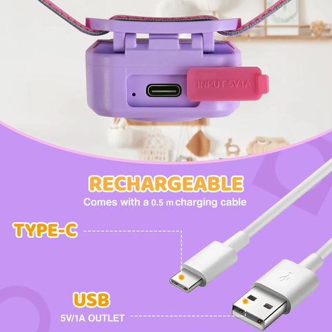 Rechargeable Kids LED Headlamp With Lit RGB Color Cycle showing Type-C charging port and USB cable, adjustable headband