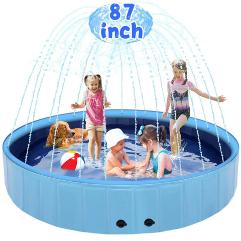Children and dog playing in Massive 87 Inch Dog Pool With Sprinkler 2 In 1 Foldable Splash Pad For Outdoor Backyard Fun, hard plastic, blue.