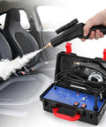 Heavy Duty 1700W Pressurized Steam Cleaner Offers Continuous Tankless Flow For Kicking Stubborn Messes Off Hardwood Floors Car Dashboards Upholstery And Grout Lines 110V Ships With 12 Versatile Tips For Worry Free Deep Cleaning in use on car upholstery.