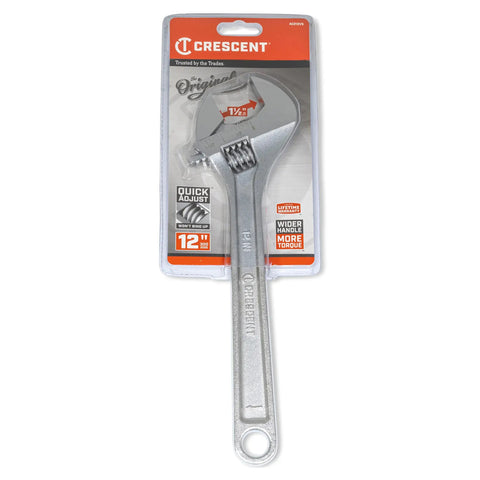 12 Inch Adjustable Wrench With Laser Etched SAE And Metric Scales, Large Knurl For Quick, Smooth Jaw Adjustment, Chrome Finish Carded AC212VS packaging