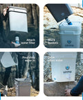Image sequence showing steps to use Gravity Fed Camping Water Filter System For Backpacking Survival And Glamping Portable Purification Gear.