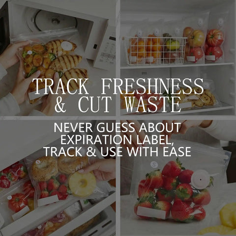 Small Vacuum Sealer Bags Kit With 2 Bonus Clips, 30-Pack 8x10 Inches, BPA-Free Food Storage displayed with fresh produce in freezer