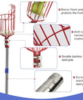 Diagram of Long Reach Fruit Picker Pole With Basket, 13 ft telescoping tool, stainless steel pole, foam-padded basket, metal clamp.