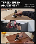 Fanttik C8 Nano Cordless Box Cutter in three-speed adjustment modes cutting cardboard and leather materials.