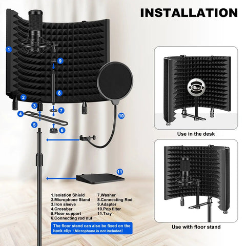 Installation guide for Pro Grade Studio Microphone Isolation Shield With Pop Filter, adjustable stand, and metal adapters.