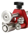 Close-up of Sheet Metal Roller And Bender, 0 To 100 Degree Angled Bending Tool, showing metal rollers and red frame.