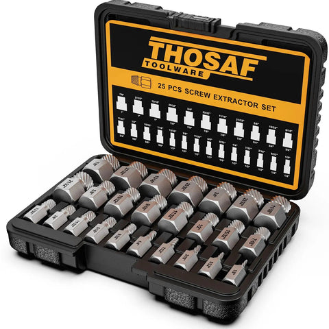 25 Piece Screw Extractor Set With Multispline And Hex Head For Removing Broken Studs Bolts And Screws From One Eighth Inch To Seven Eighths Inch In One Thirty Second Inch Increments A Solid Tools Gift For Handy Men, open case view