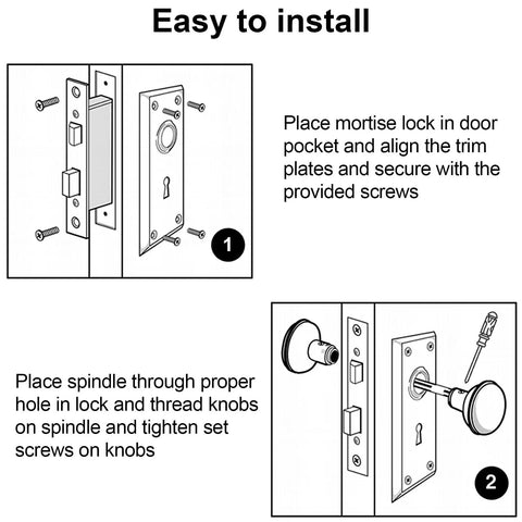 Installation guide for Old School Antique Interior Door Knobs With Mortise Lock Set And Vintage Skeleton Key Handles.