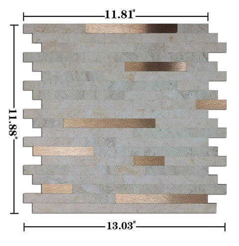 Peel And Stick Backsplash Tiles 10 Sheet Self Adhesive Stone Grain PVC Wall Sticker For Kitchen And Bathroom Walls Easy DIY No Mess Beige And Brushed Bronze Finish Realistic Look, showing dimensions