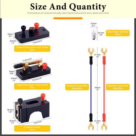 Badass 20 Piece Electrical Circuit Experiment Kit With Quick Attach Bulbs Dependable Switches And Heavy Duty Flexible Wiring For Awesome Diy Science Projects size and quantity infographic showing lamp holders, switches, and wires.