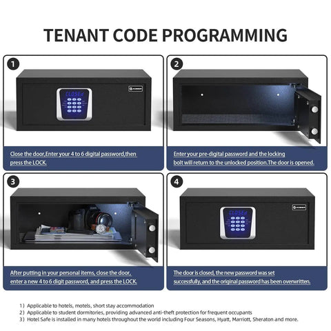 Hotel Style Digital Safe with Electronic Lock, Silent Mode and Sensor Light, One Cubic Foot Home Security Box for Personal Documents instructions